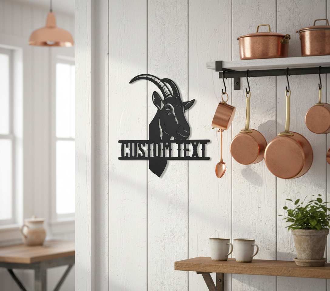 Personalized goat head metal sign with name for the goat barn in black steel – image 8