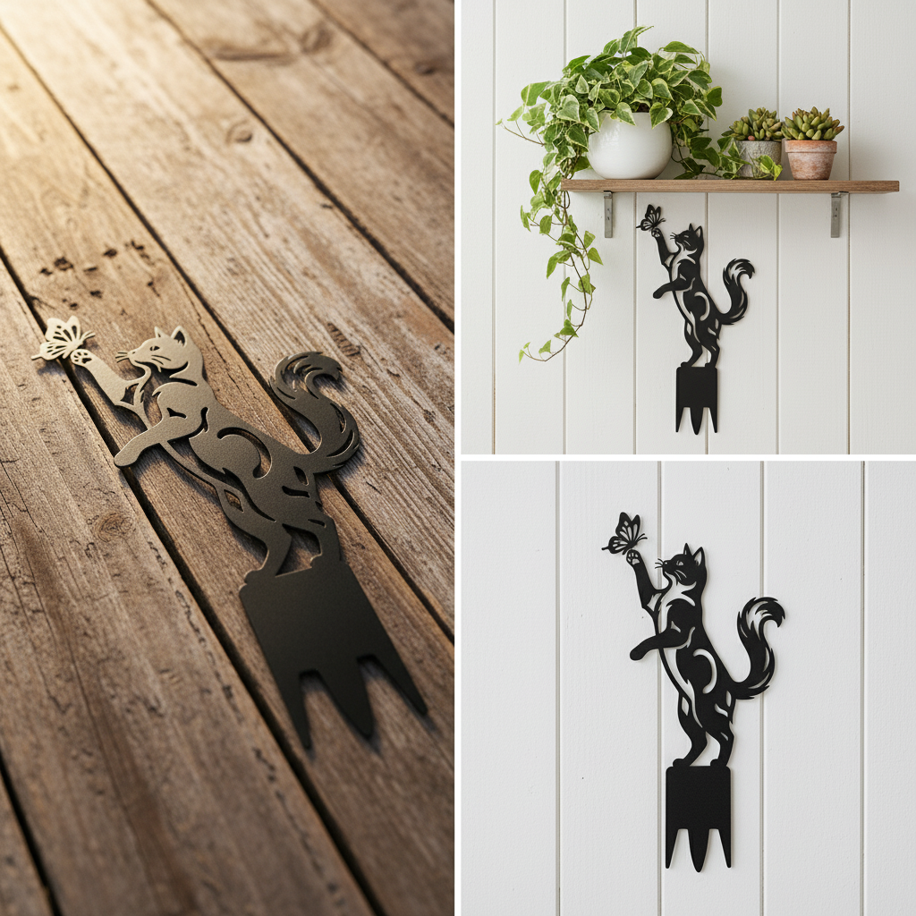 Stehende Katze mit Schmetterling und Pfote Gartenstecker – Bild 4