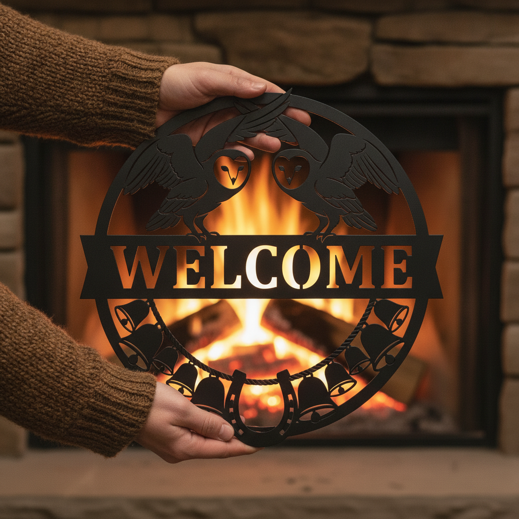 Round owl welcome sign with bells and horseshoe in black steel – image 8