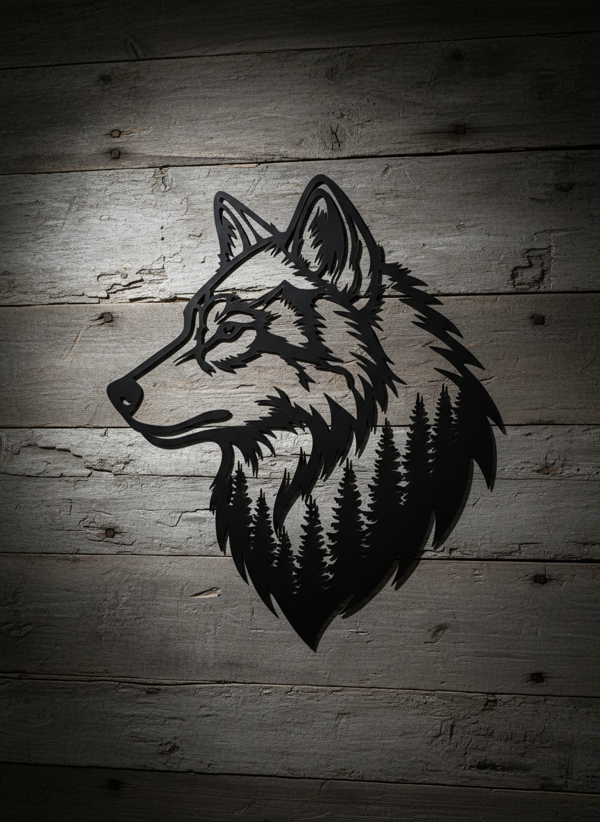 Wolfskopf mit Kiefernwald Metall Wanddeko matt schwarz – Bild 10