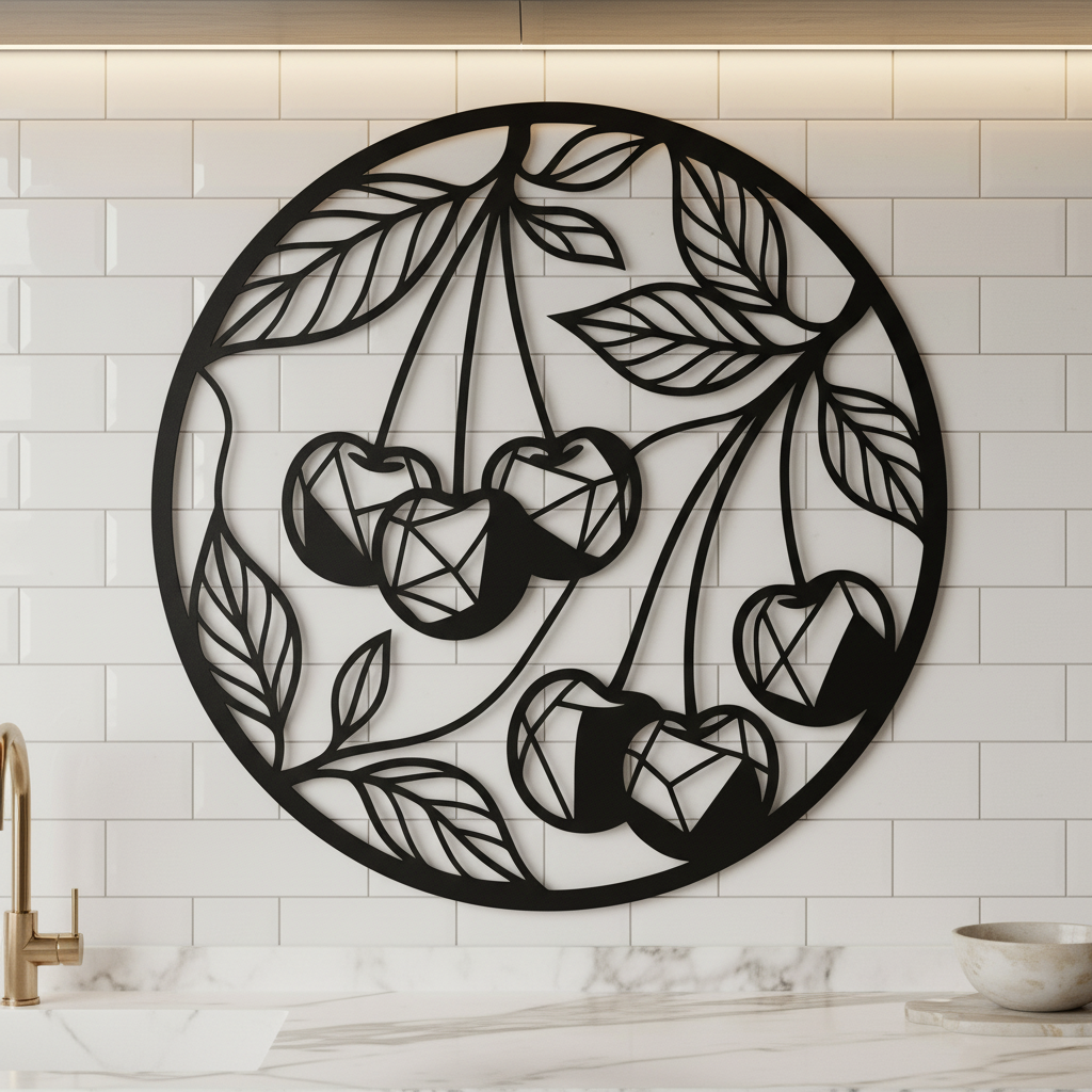 Personalized cherry kitchen sign with botanical fruit and name in black steel – image 9