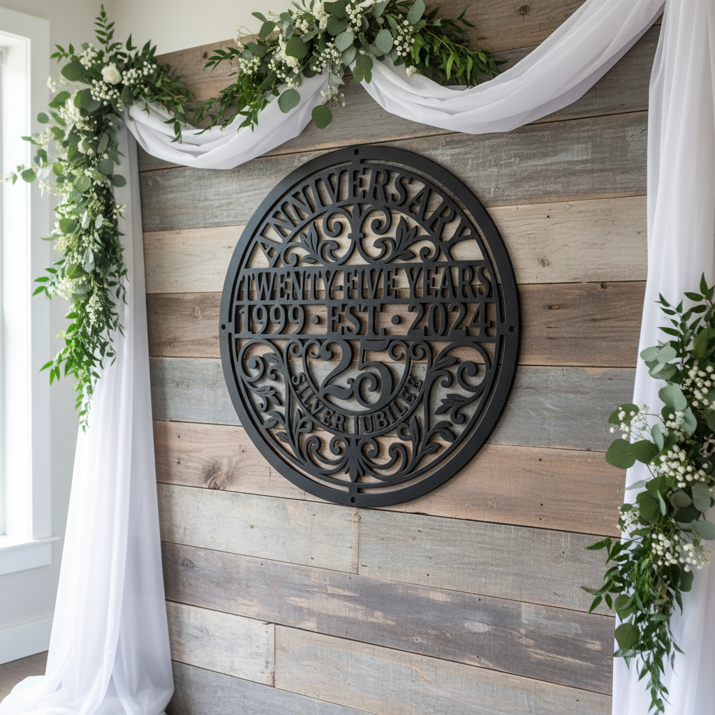 Personalized round 25th anniversary metal sign with names and date – image 3