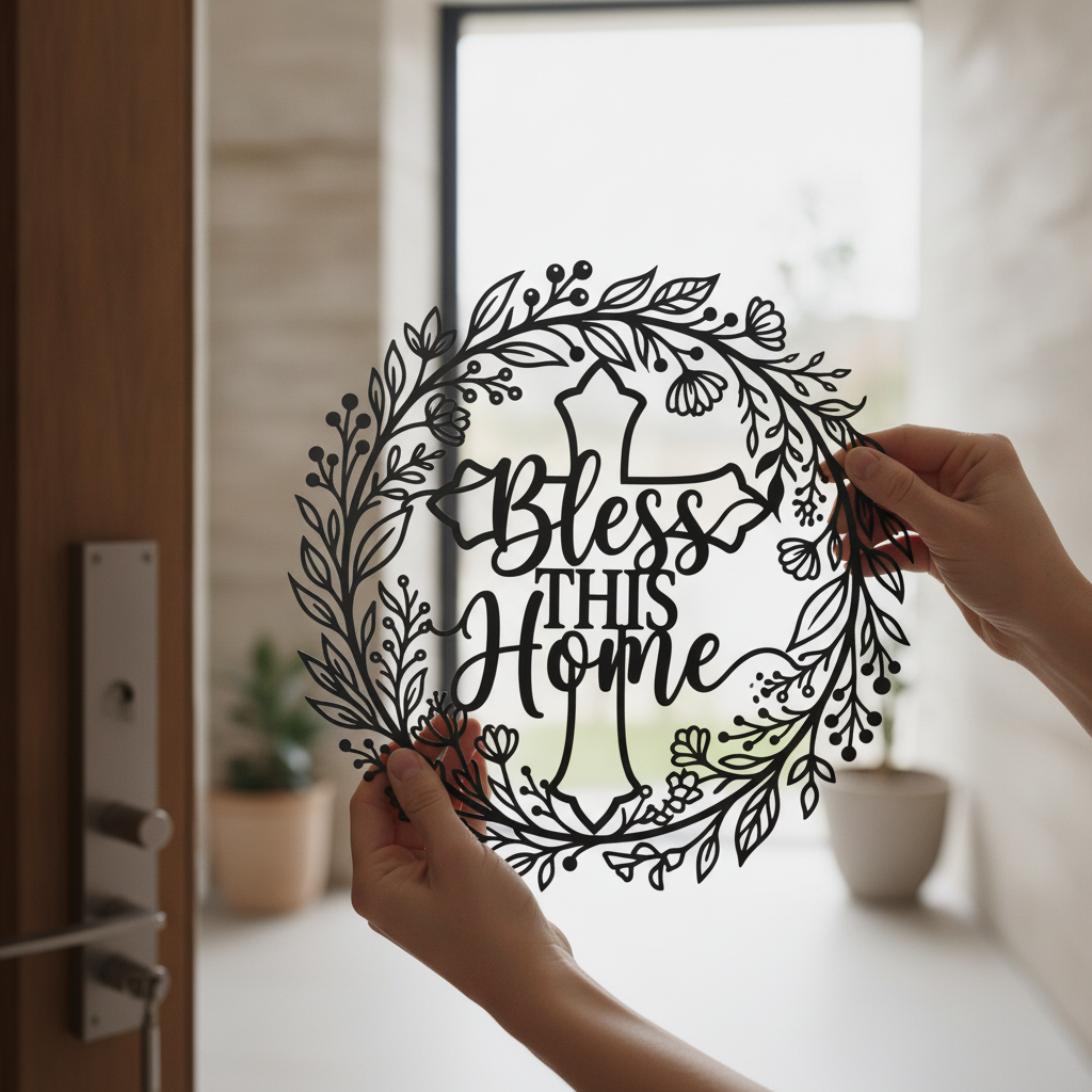 Rundes Haussegen-Metallschild „Bless this Home“ mit Kreuz und Blätterkranz aus schwarzem Stahl – Bild 8