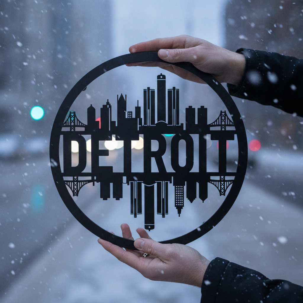 Round Detroit skyline metal wall art in black steel – image 8
