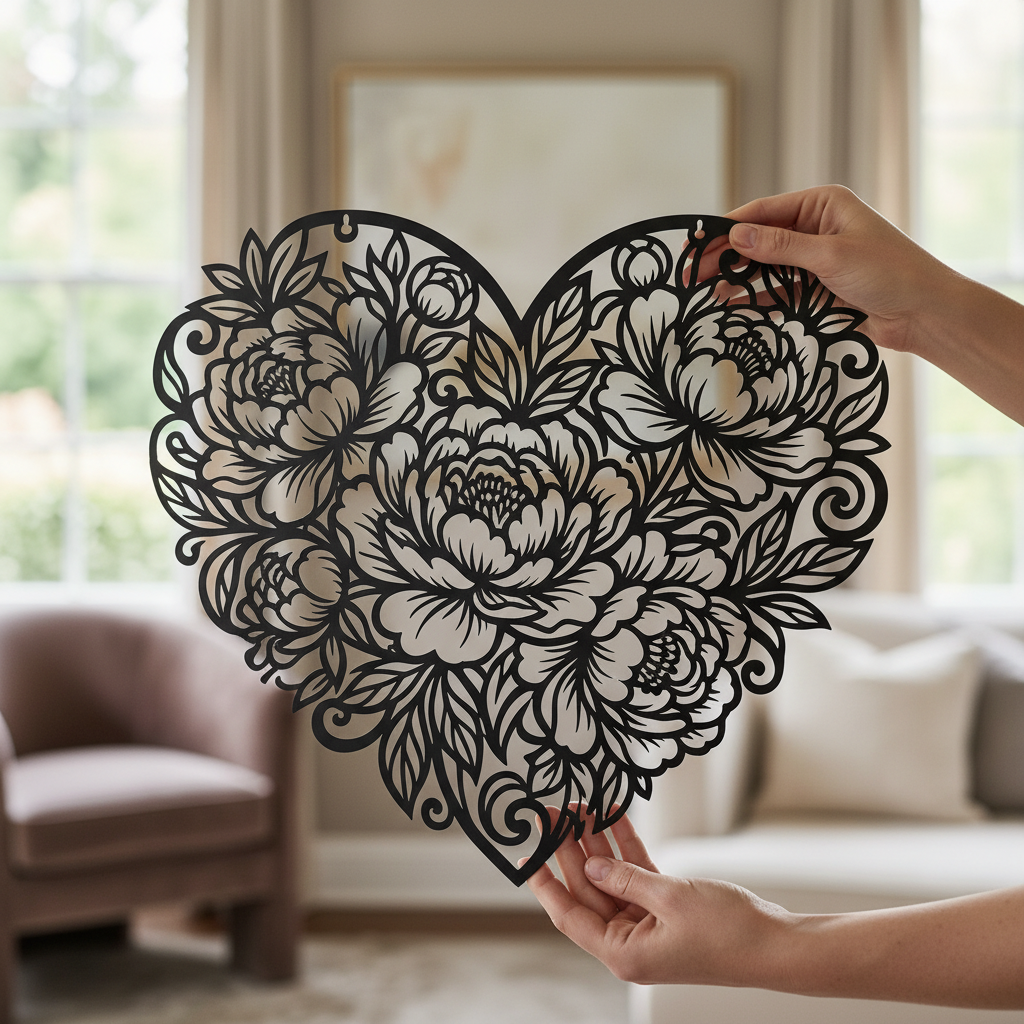 Rosenherz Metallschild mit filigranem Herz aus Rosen aus schwarzem Stahl – Bild 3