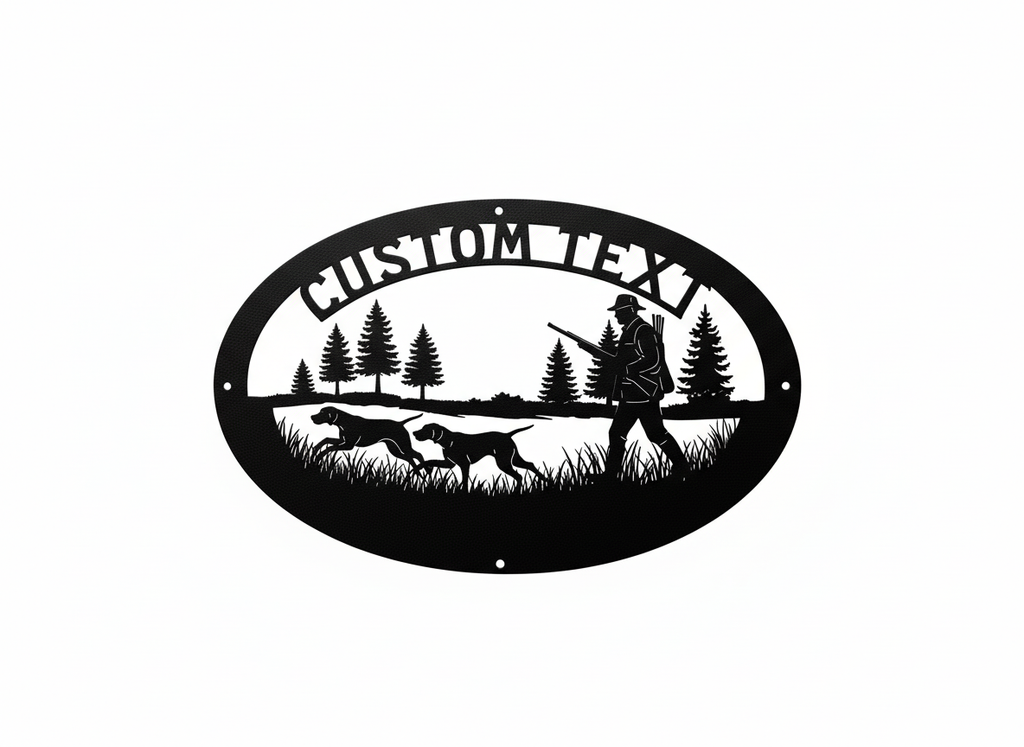 Personalisiertes ovales Jagdschild mit Jäger und Jagdhunden aus schwarzem Stahl – Bild 4