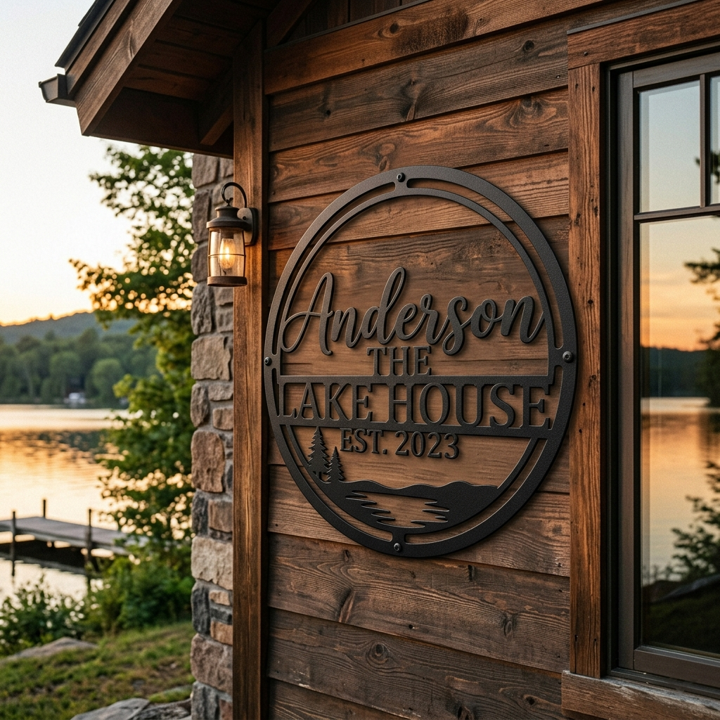 Personalisiertes rundes The Lake House Metallschild mit Familienname und Jahr aus schwarzem Stahl