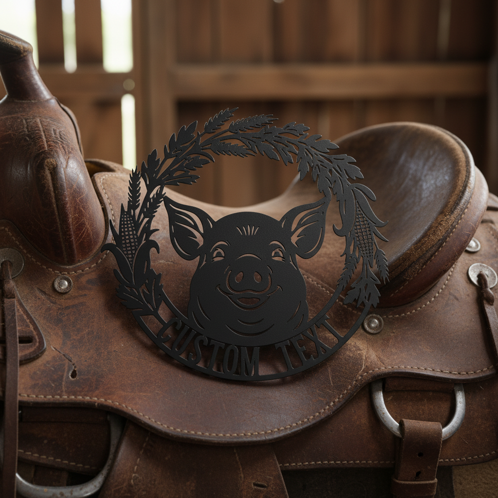 Personalized pig head farm sign with leaf wreath and name in black steel – image 8
