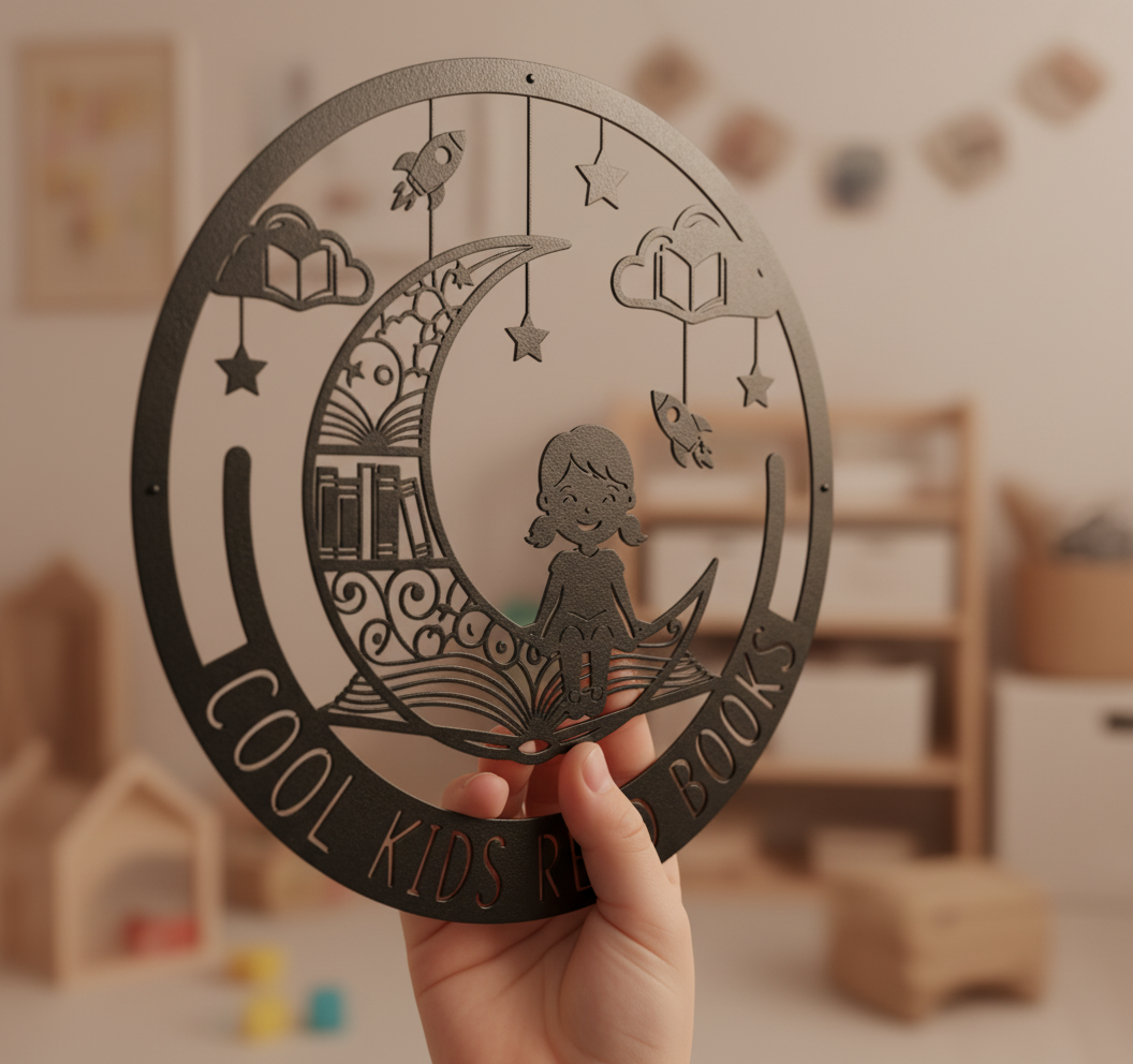 Personalisiertes Namensschild Kinderzimmer mit lesendem Mädchen auf dem Mond aus Stahl – Bild 8