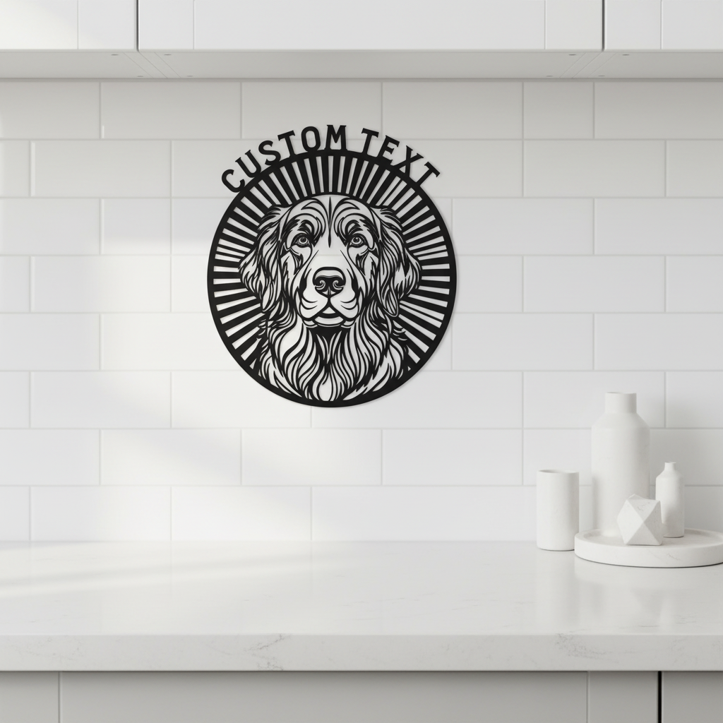Personalized round golden retriever portrait metal sign with dog name in black steel – image 5