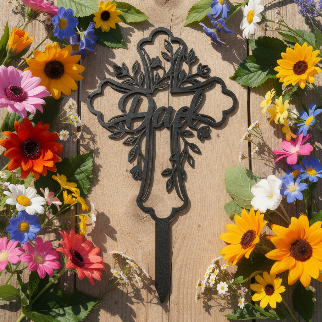 Personalized cross memorial stake for Dad with name and dates in black steel – image 4