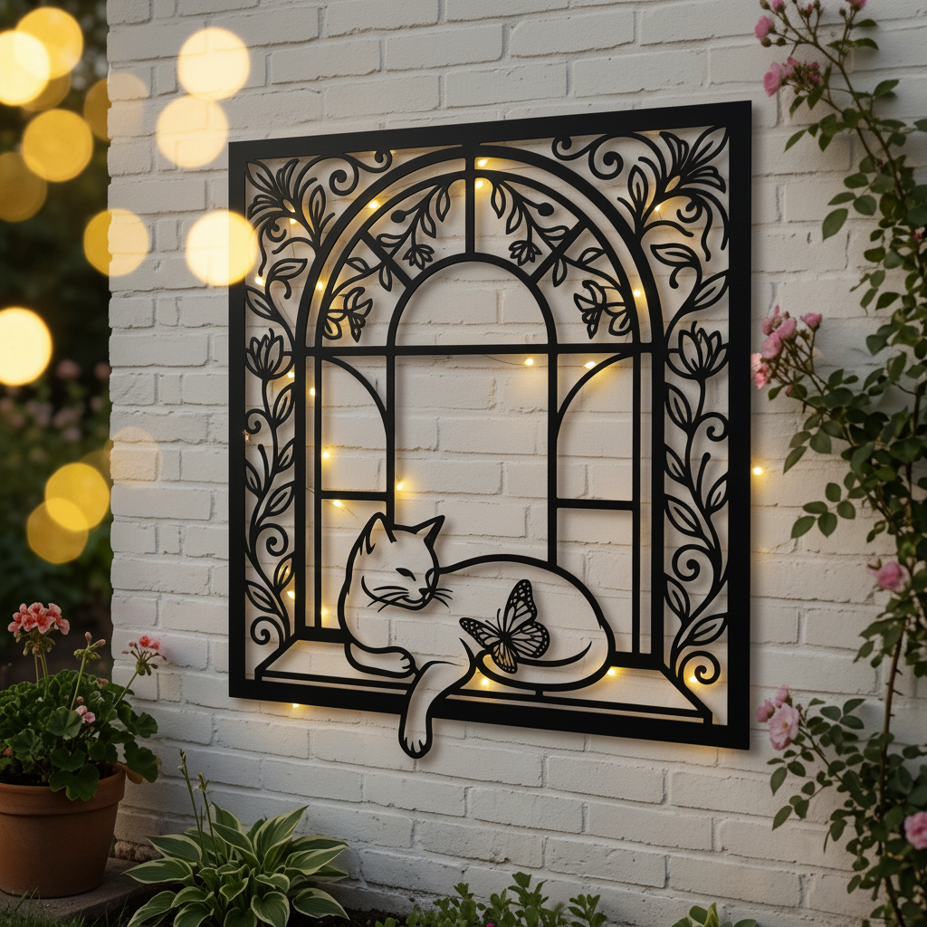 Katze im Bogenfenster Metallschild