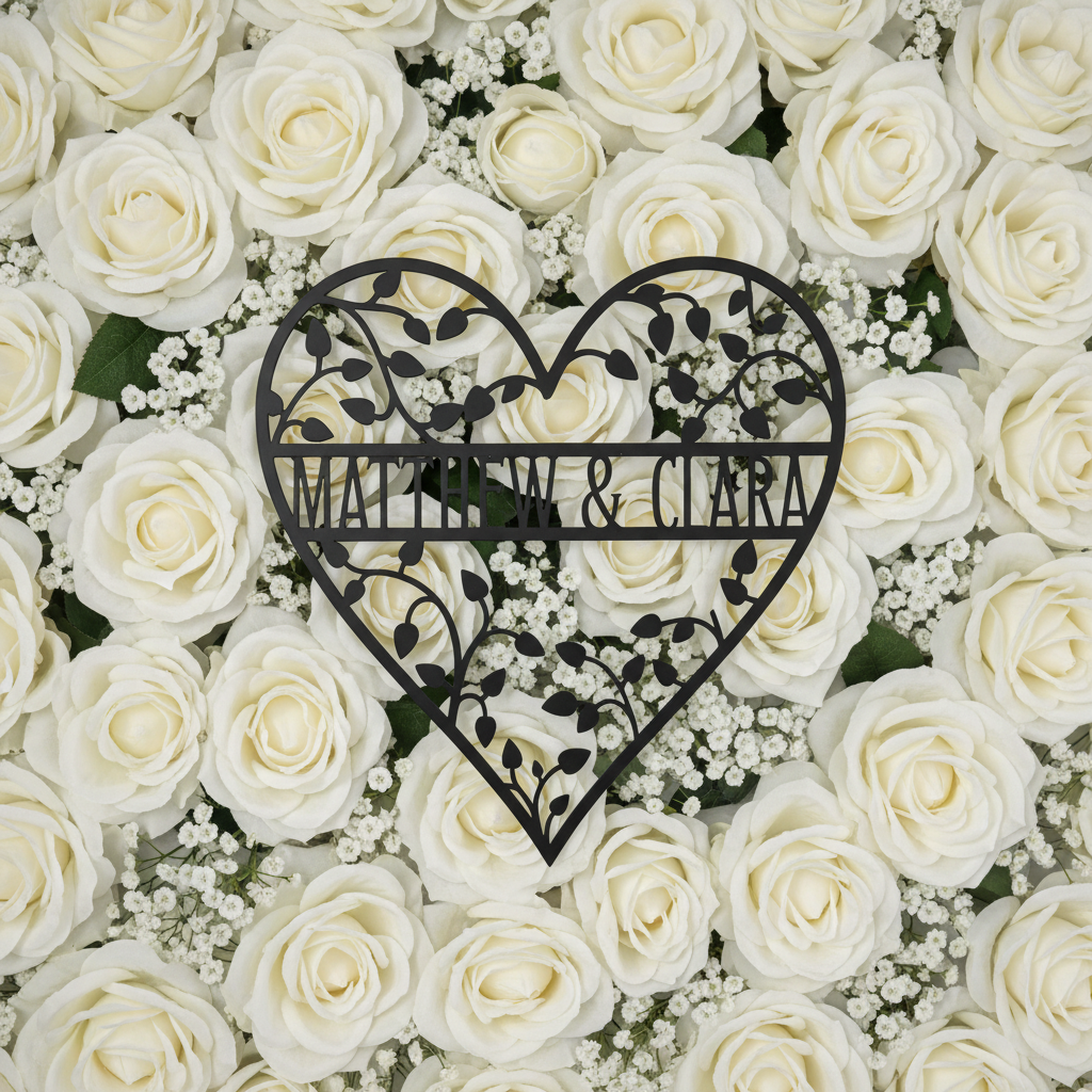 Personalized heart metal sign with leafy vines and couple names in black steel – image 10