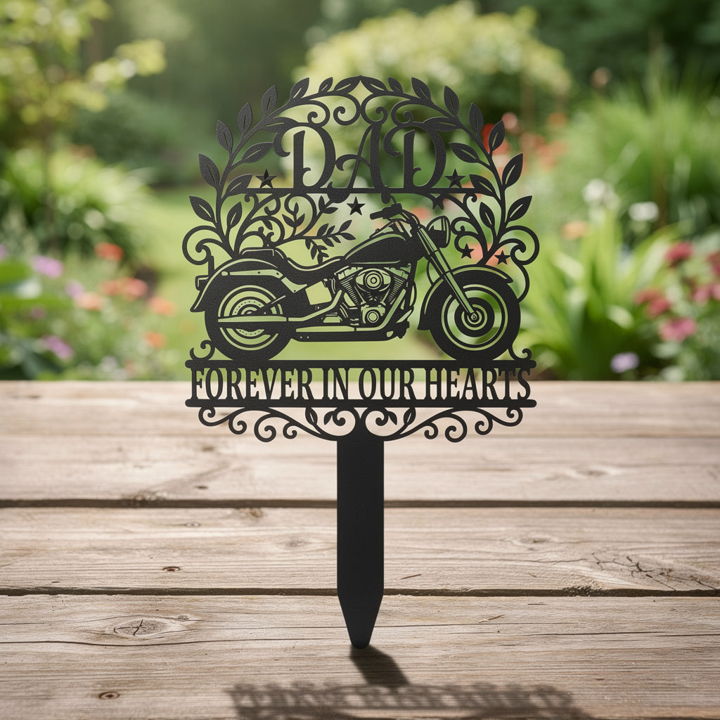 Dad motorcycle memorial garden stake in black steel for a biker father – image 9