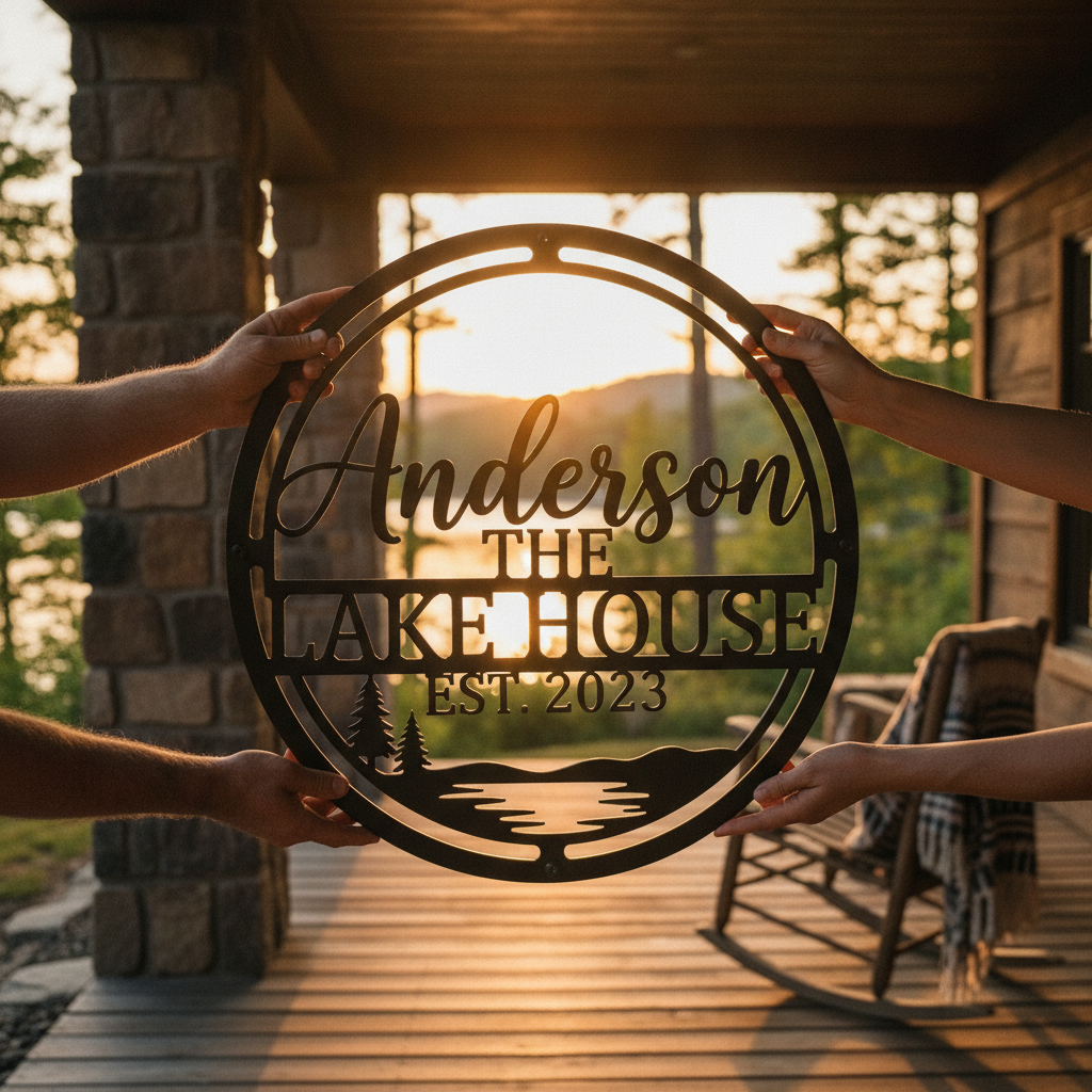 Personalisiertes rundes The Lake House Metallschild mit Familienname und Jahr aus schwarzem Stahl – Bild 5