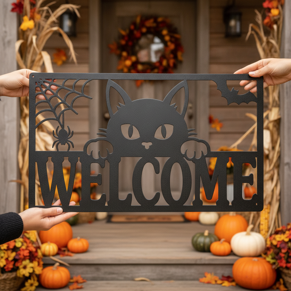 Halloween Willkommensschild mit schwarzer Katze aus schwarzem Stahl – Bild 2