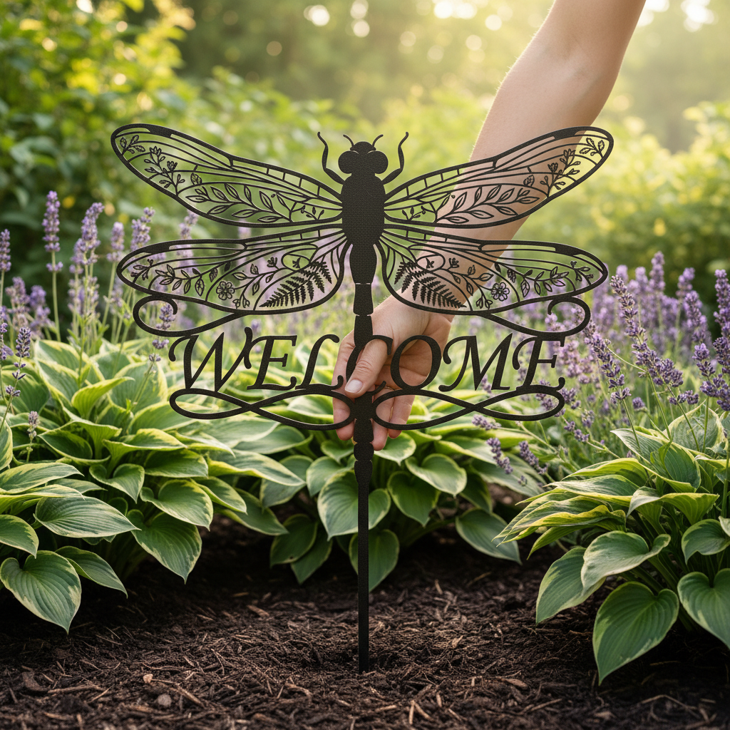 Gartenstecker Libelle mit Blumenflügeln und Welcome aus schwarzem Stahl – Bild 3