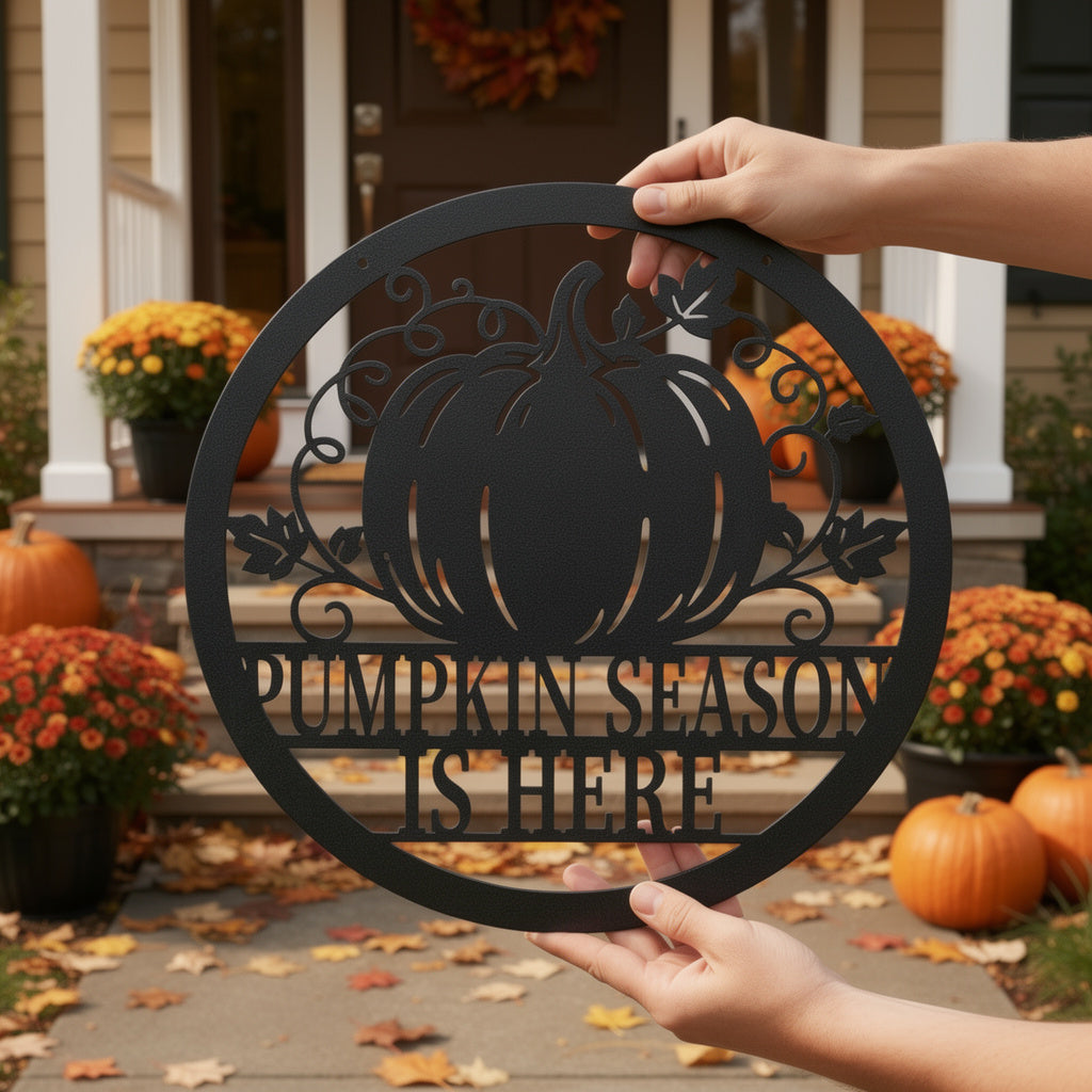 Round Pumpkin Season Is Here metal sign with pumpkins and vines – image 9