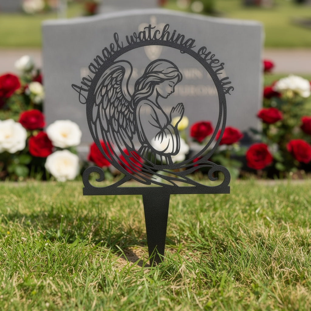 Praying angel memorial stake with An Angel Watching Over Us in black steel – image 9