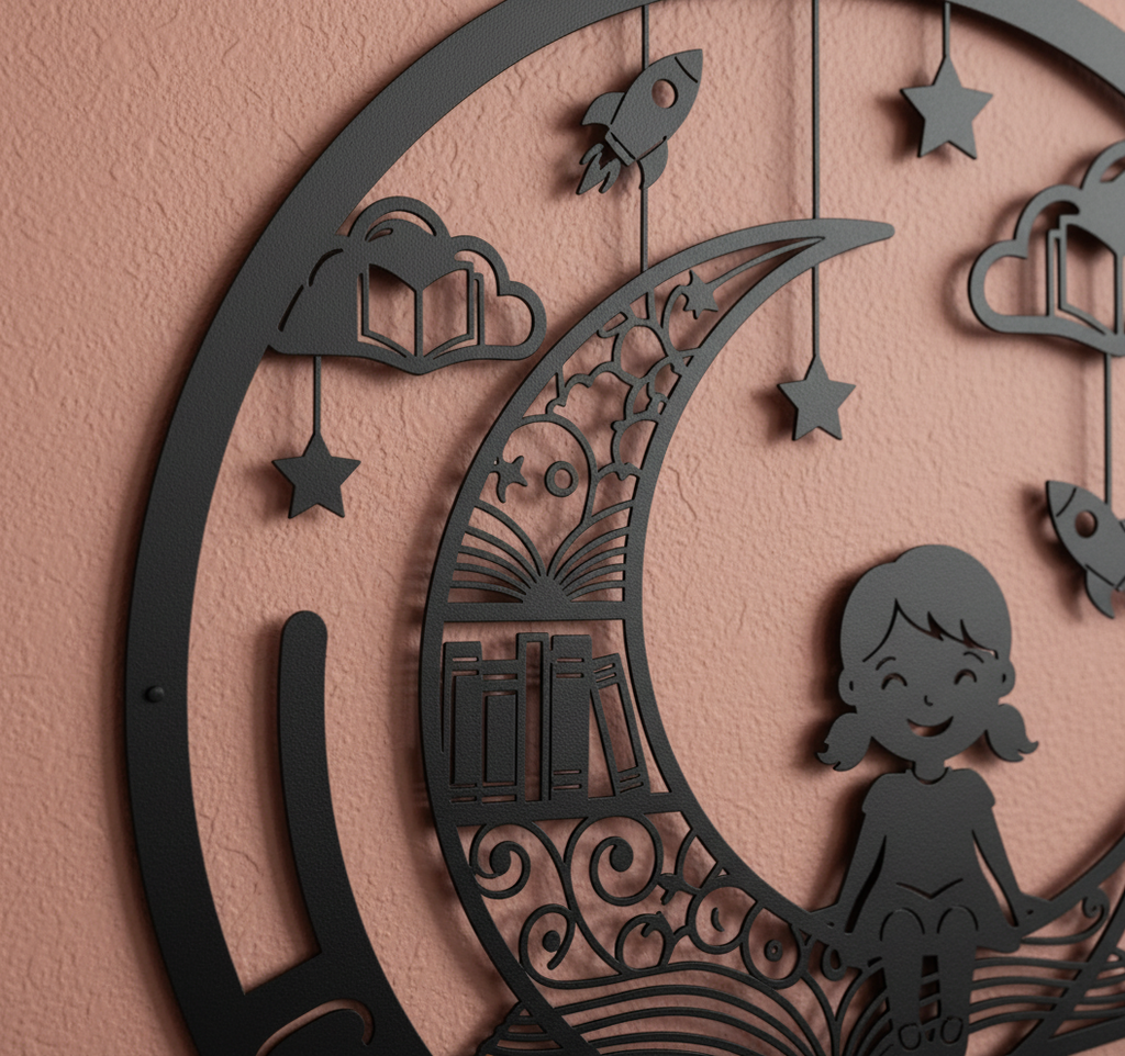 Personalisiertes Namensschild Kinderzimmer mit lesendem Mädchen auf dem Mond aus Stahl – Bild 5