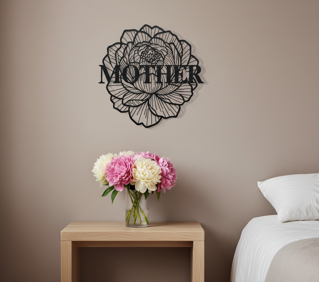 Personalisiertes Mama Metallschild mit Blumen und Namen aus schwarzem Stahl