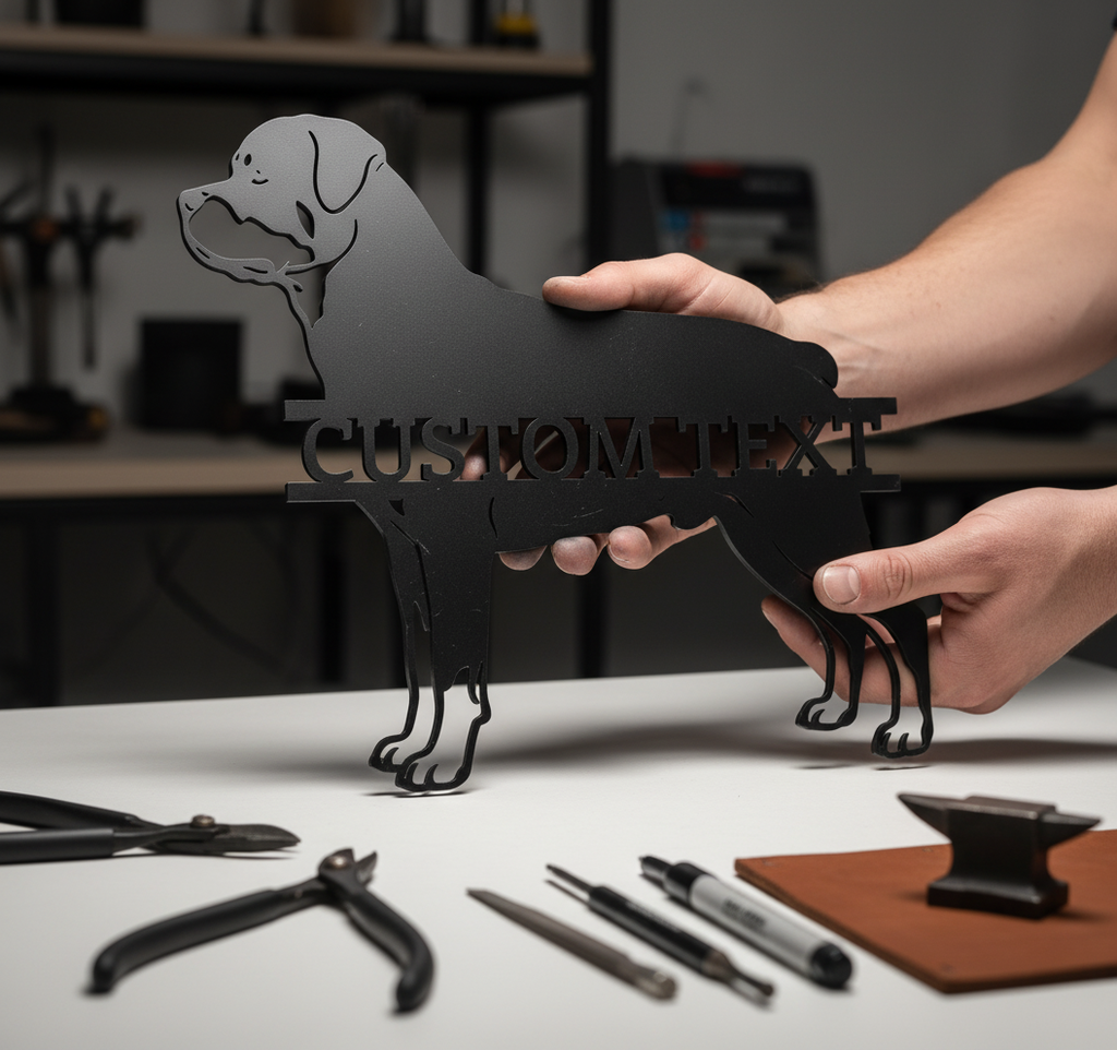 Personalisiertes Rottweiler Metallschild mit Hundenamen aus schwarzem Stahl – Bild 6