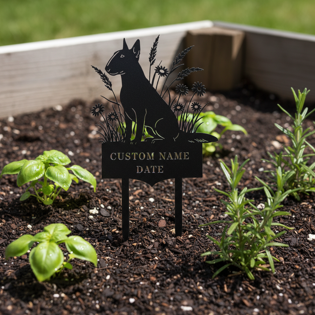 Personalized Bull Terrier memorial garden stake with dog name and dates in black steel – image 10
