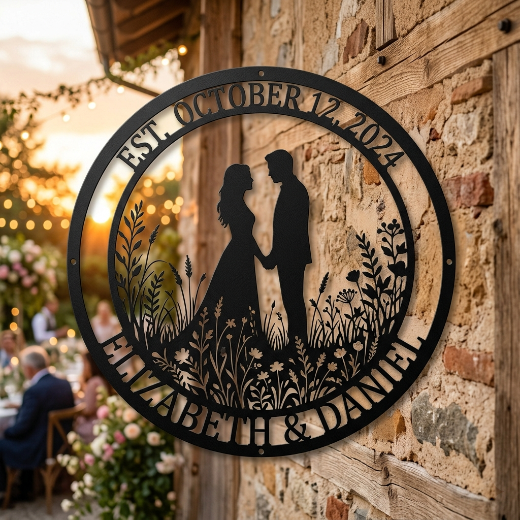 Personalized wedding metal sign with couple names and wedding date in black steel