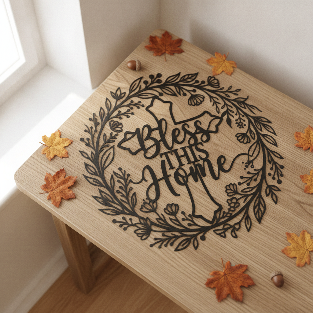 Rundes Haussegen-Metallschild „Bless this Home“ mit Kreuz und Blätterkranz aus schwarzem Stahl – Bild 7