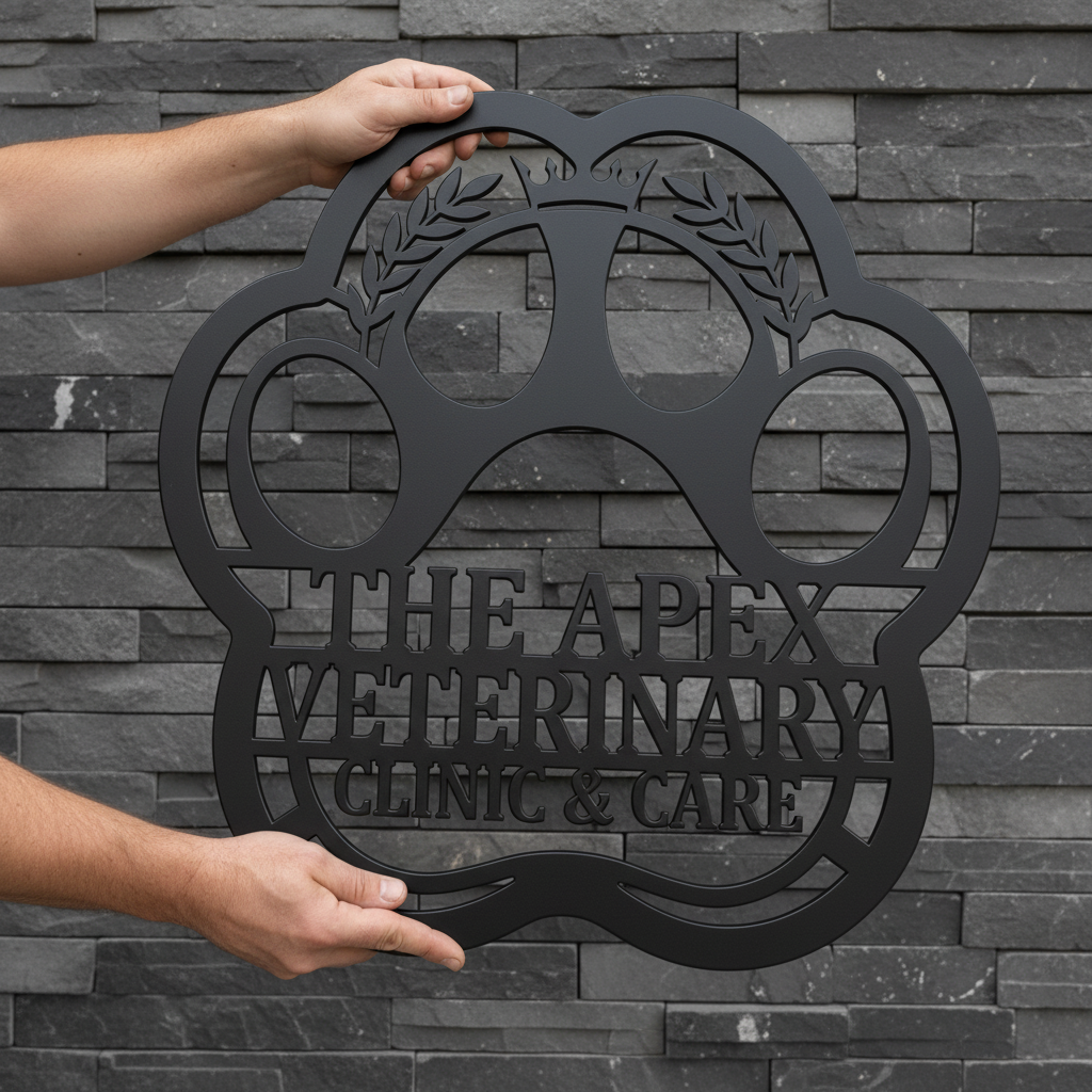 Personalized veterinary clinic metal sign with paw print in black steel – image 6