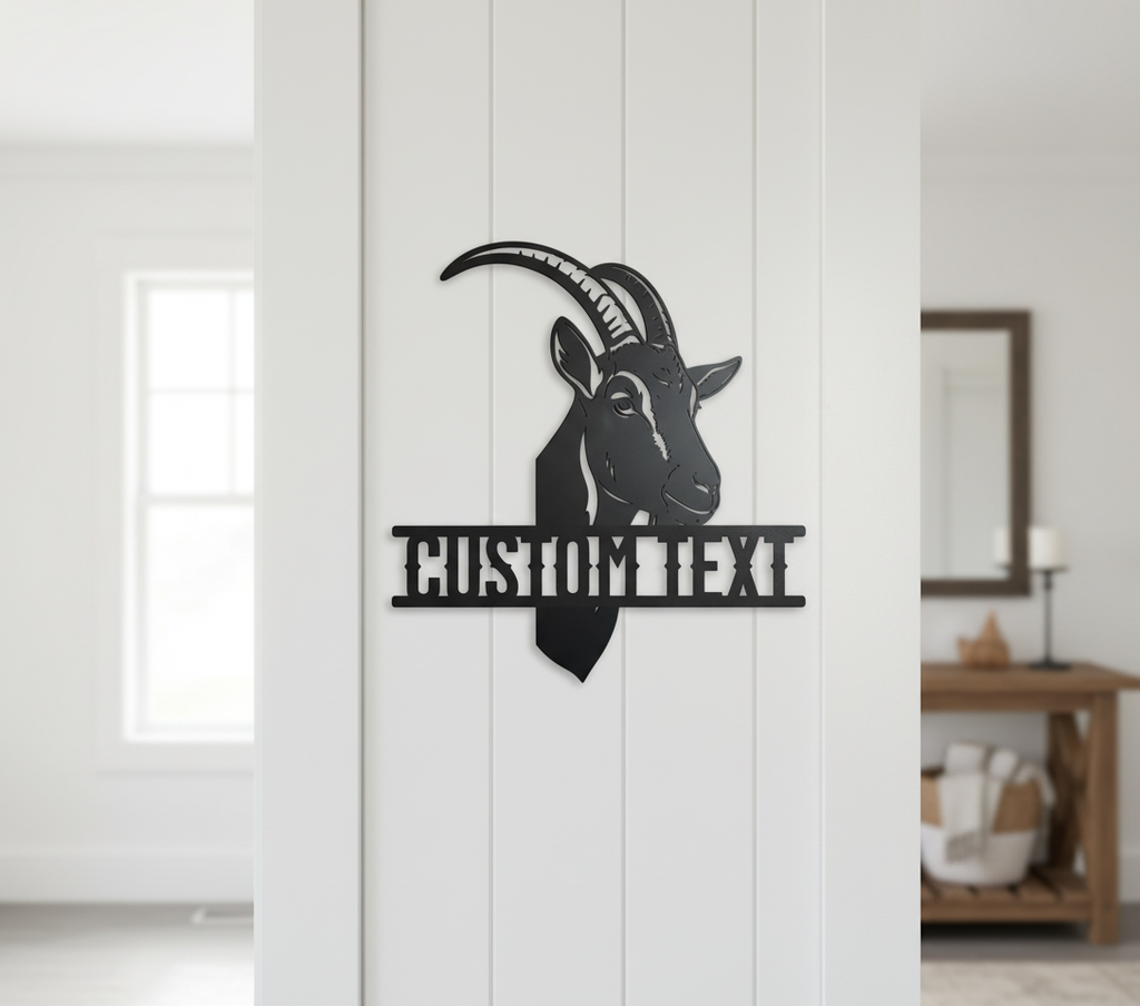 Personalized goat head metal sign with name for the goat barn in black steel – image 9