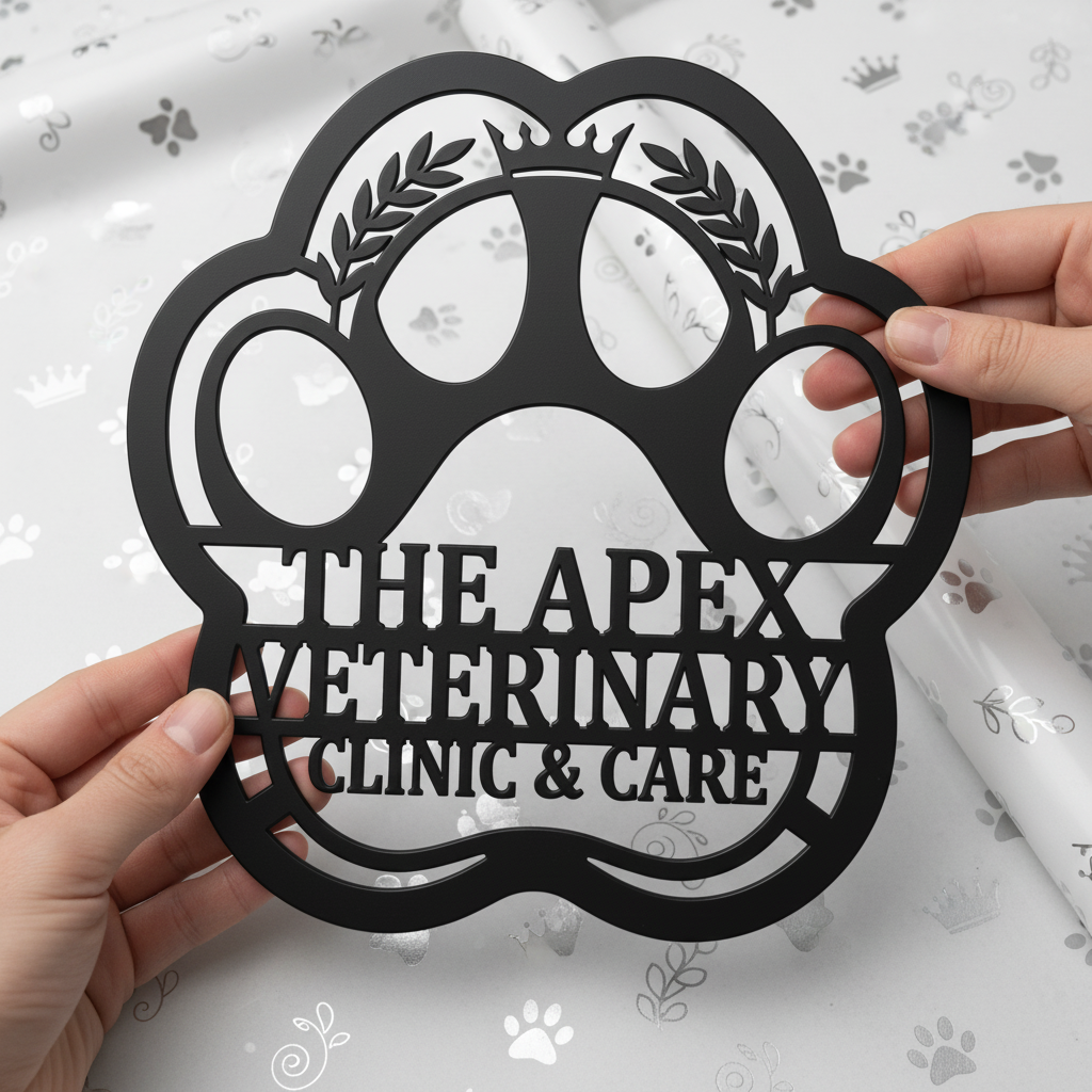 Personalized veterinary clinic metal sign with paw print in black steel – image 10