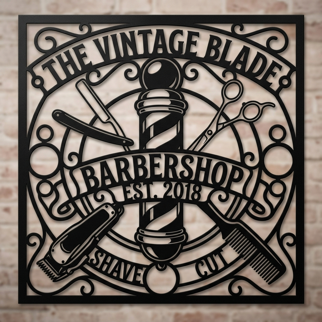 Personalisiertes Barbershop Metallschild quadratisch im Vintage Stil – Bild 1