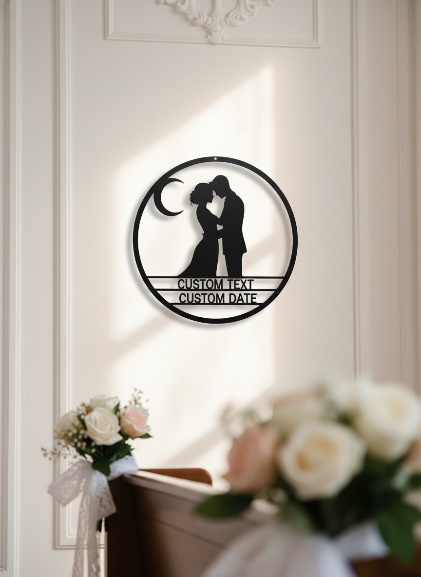 Personalized round metal sign with couple on crescent moon and stars – image 4