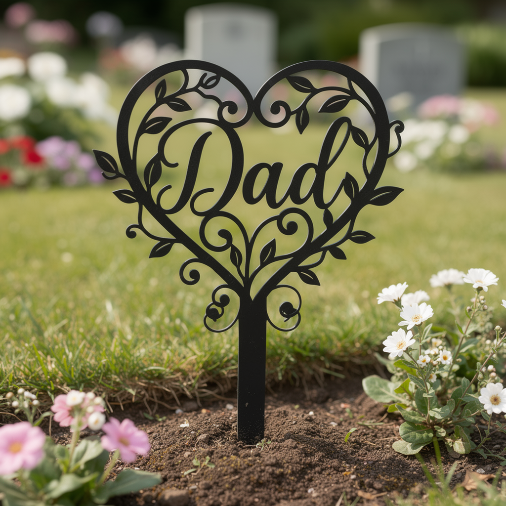 Gedenkstecker „Dad“ mit Blumenherz aus schwarzem Stahl – Bild 6