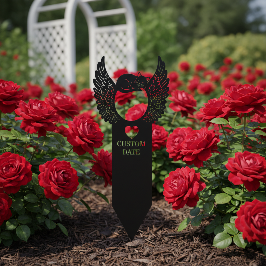 Personalized cat memorial garden stake with sleeping cat and angel wings in black steel – image 9