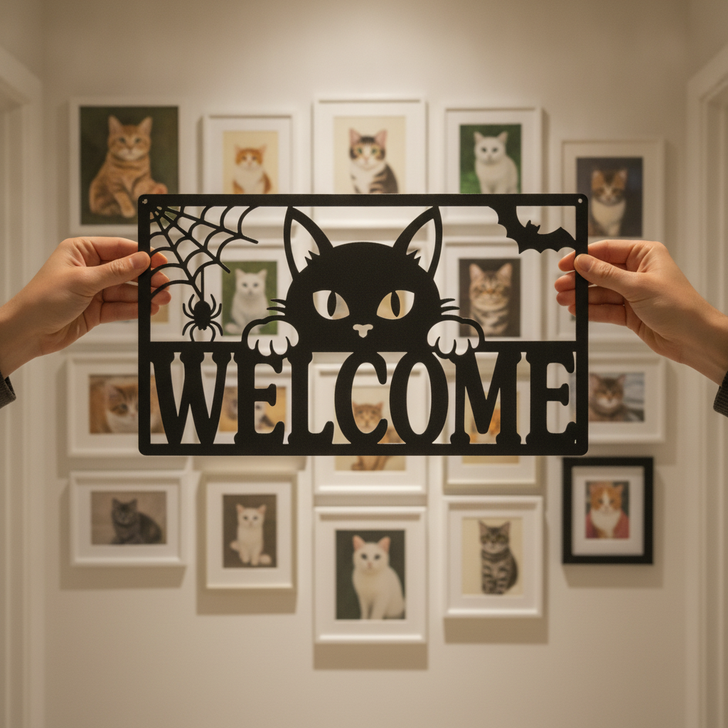 Halloween Willkommensschild mit schwarzer Katze aus schwarzem Stahl – Bild 10