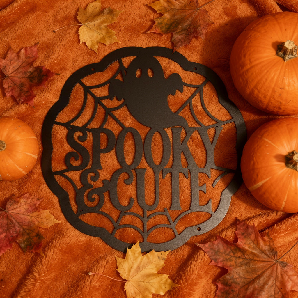 Round Halloween metal sign with cute ghost and spider web in black steel – image 10
