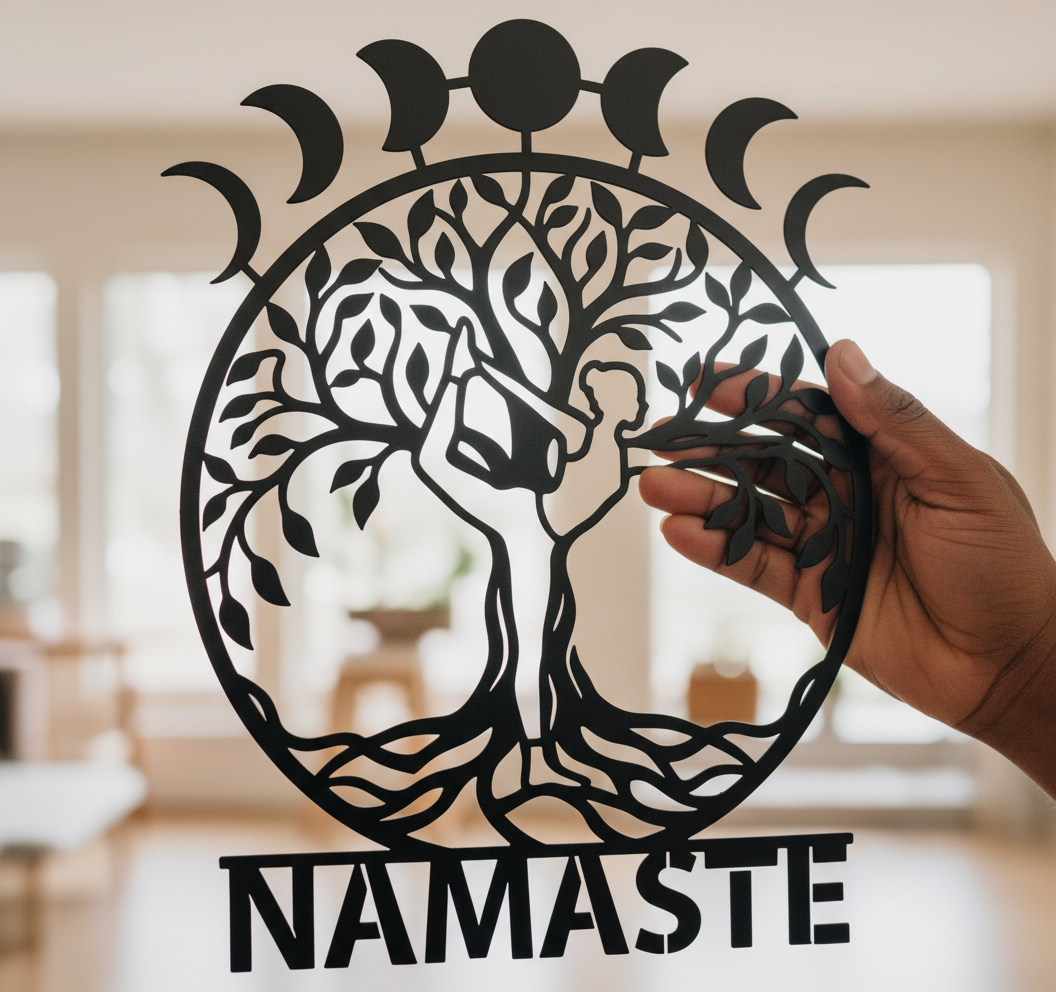Mondphasen Lebensbaum Yoga Namaste Metall Wanddeko – Bild 3
