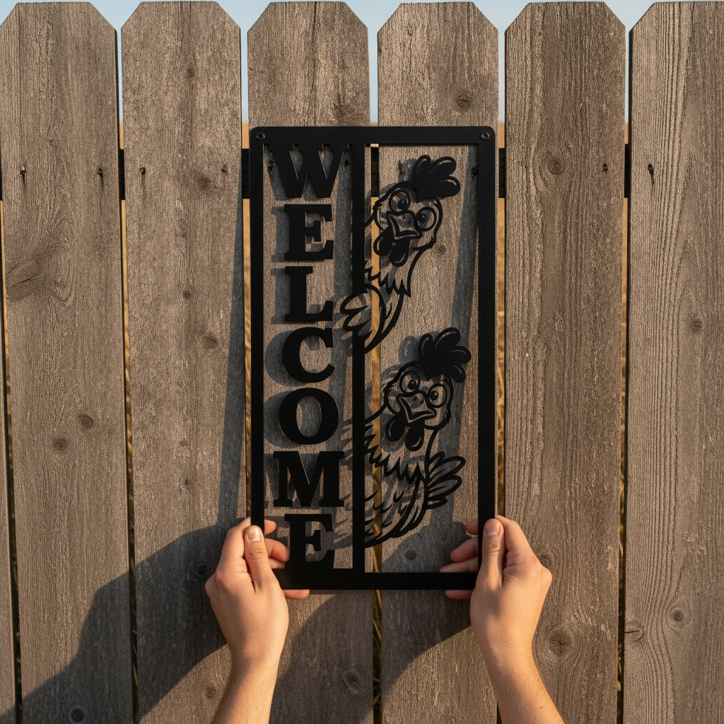 Vertical welcome sign with a peeking chicken in black steel – image 6