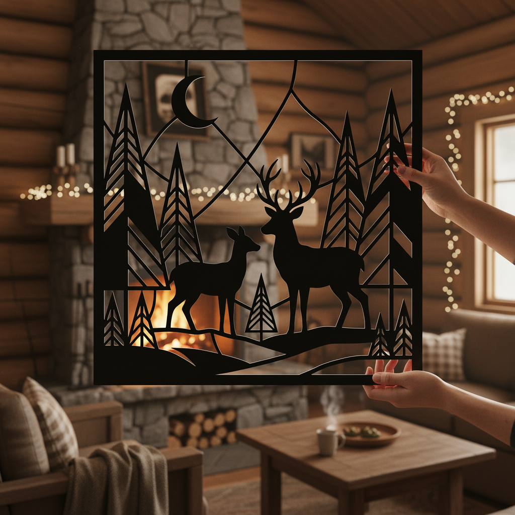 Personalized deer family name sign with forest and mountains in black steel – image 6