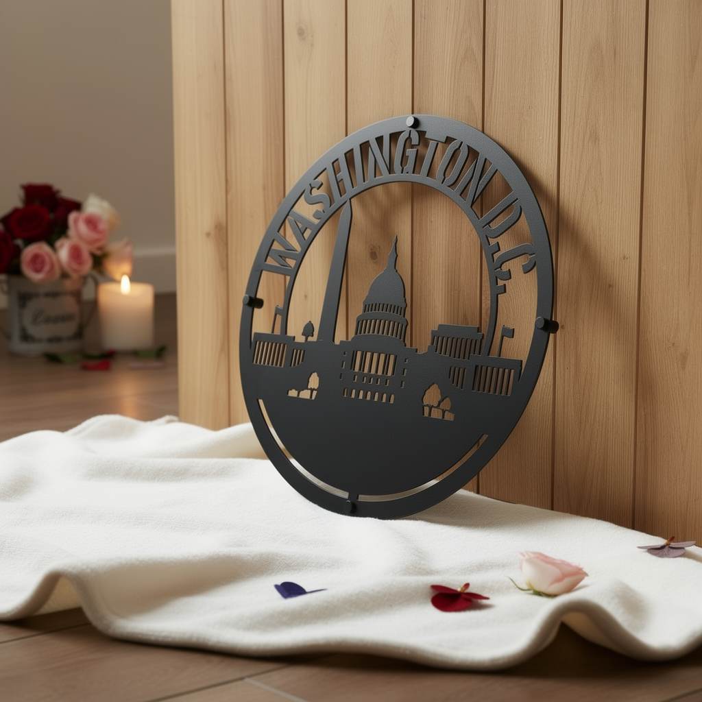 Round Washington D.C. skyline metal sign with Capitol and monuments in black steel – image 4