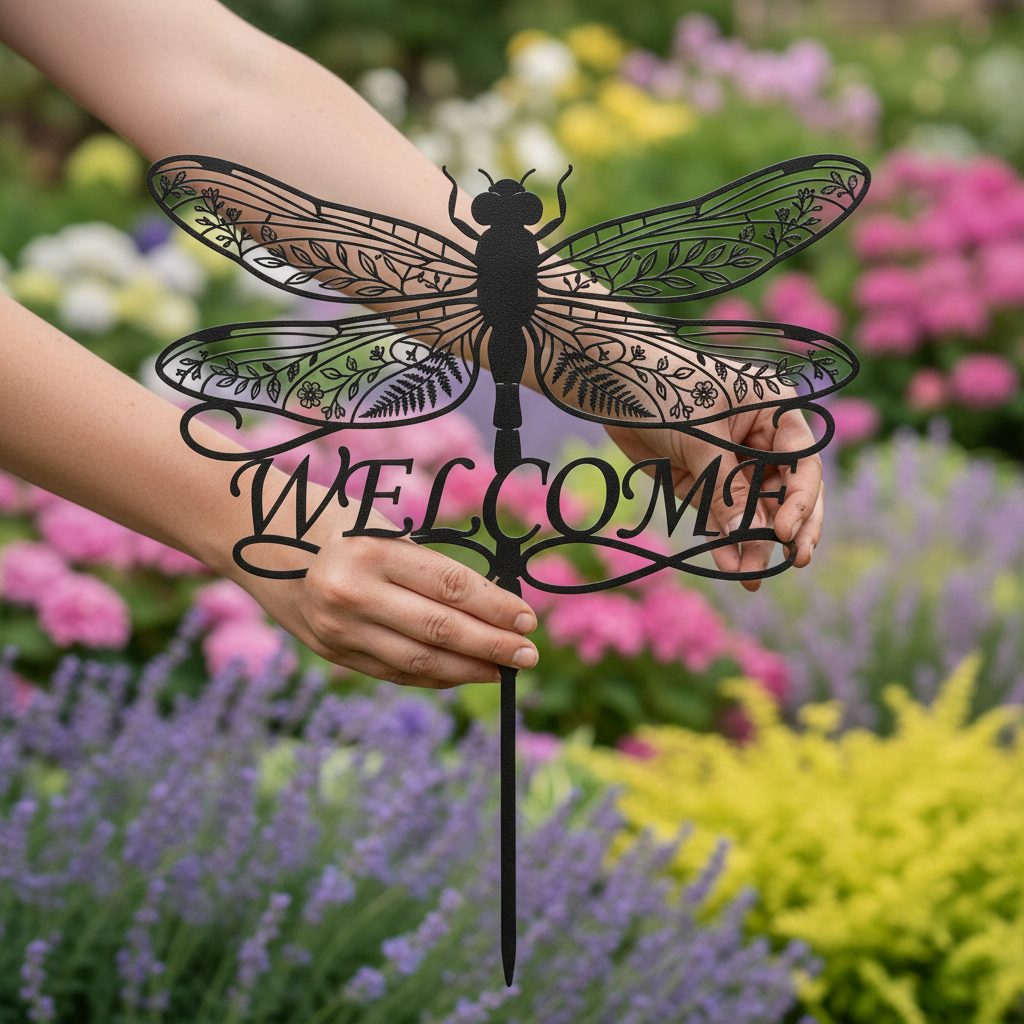 Gartenstecker Libelle mit Blumenflügeln und Welcome aus schwarzem Stahl – Bild 5