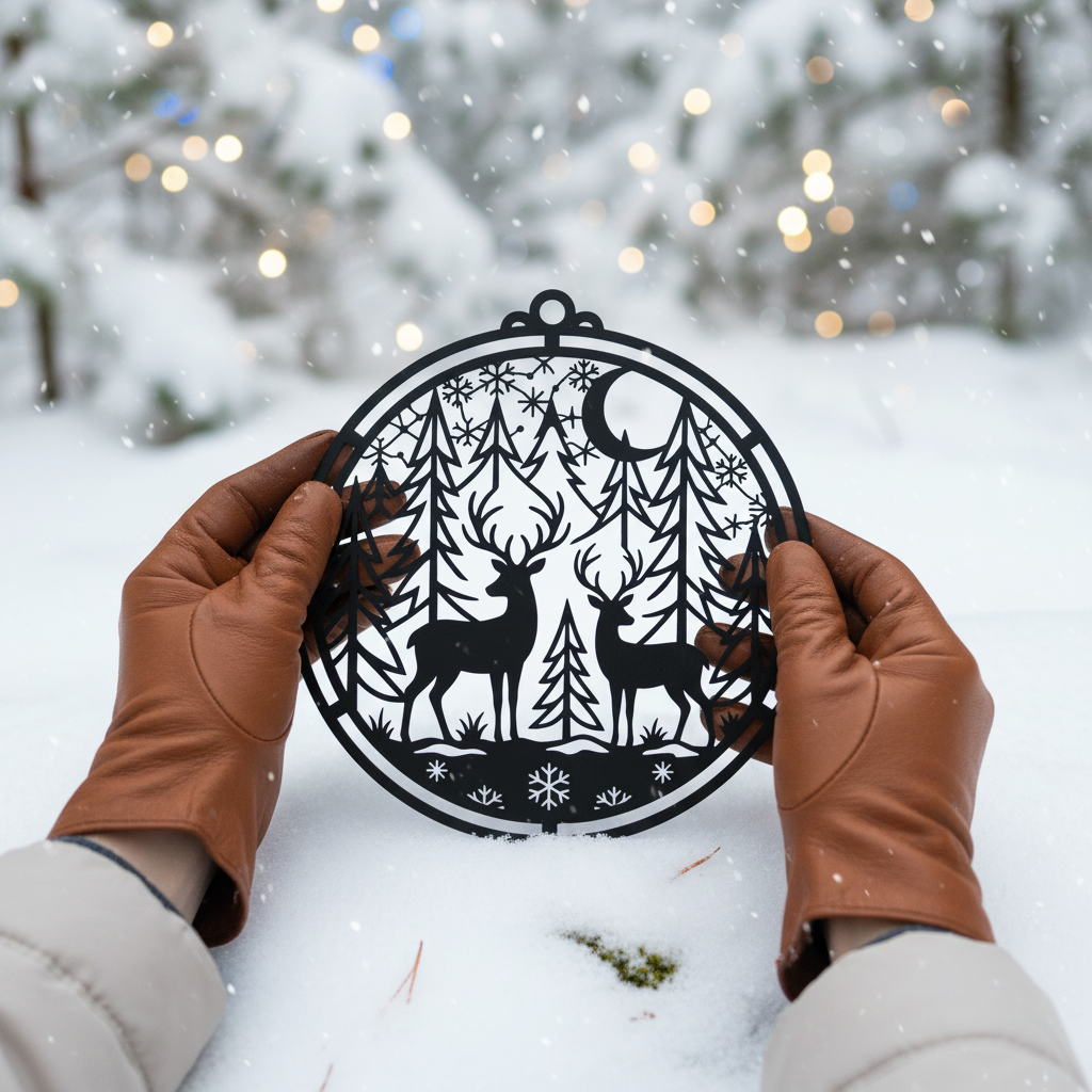 Personalisiertes Weihnachtsschild mit Hirsch im Winterwald in Weihnachtskugel aus Stahl – Bild 8