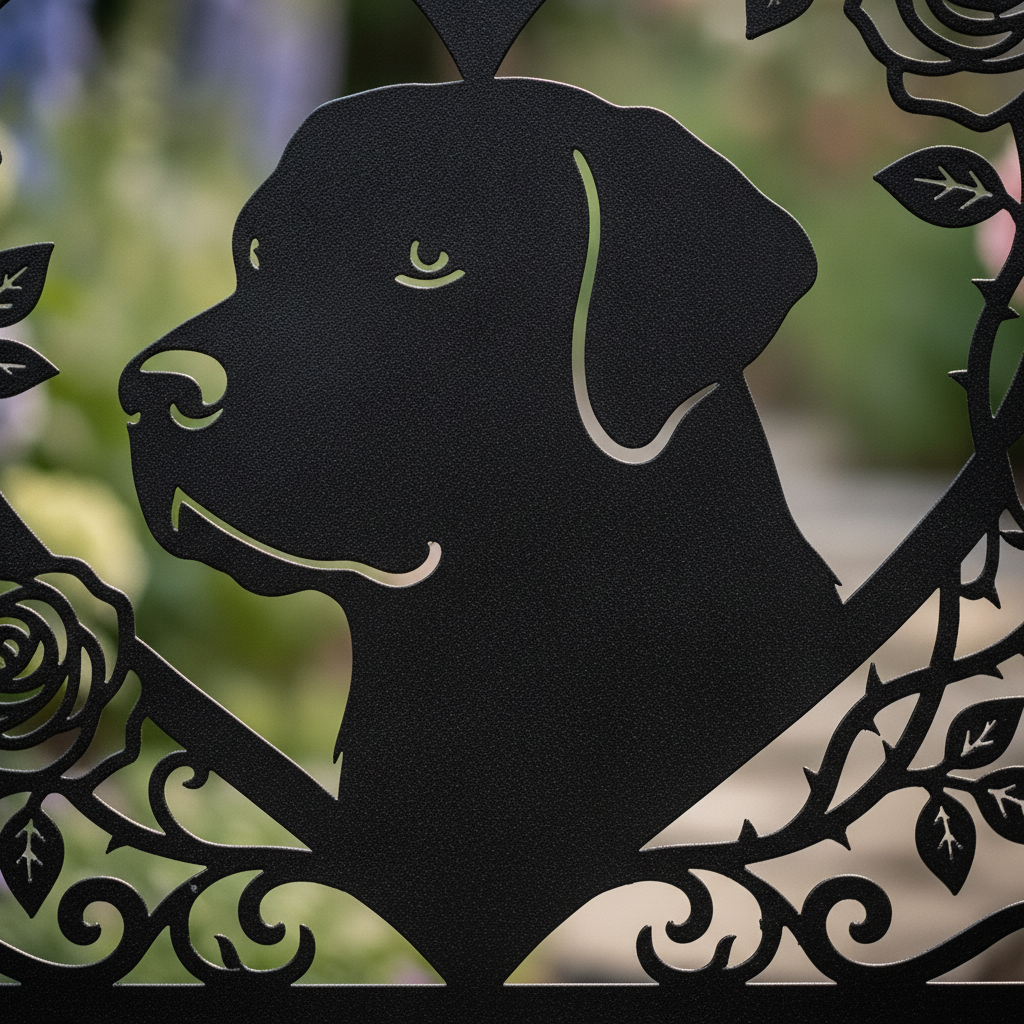 Personalized dog memorial garden stake with name and dates in black steel – image 3