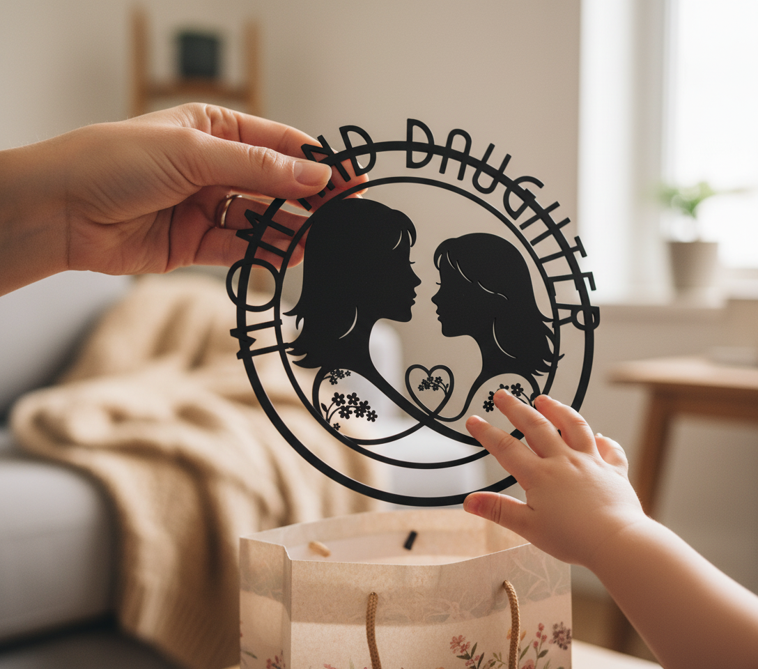 Personalisiertes Mama und Tochter Silhouette Metallschild rund mit Herz – Bild 2