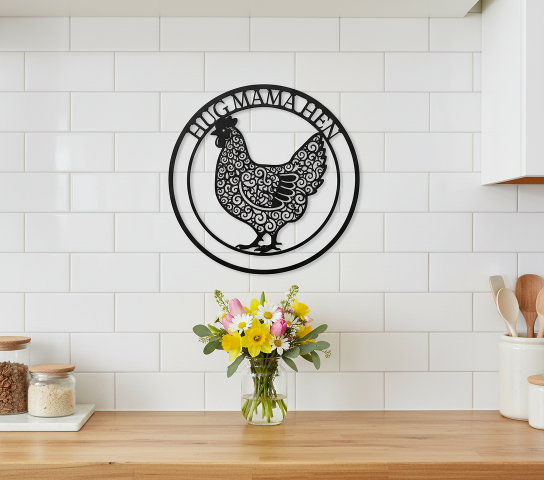 Personalisiertes Hühnerstall Schild mit Huhn und Namen aus schwarzem Stahl – Bild 9