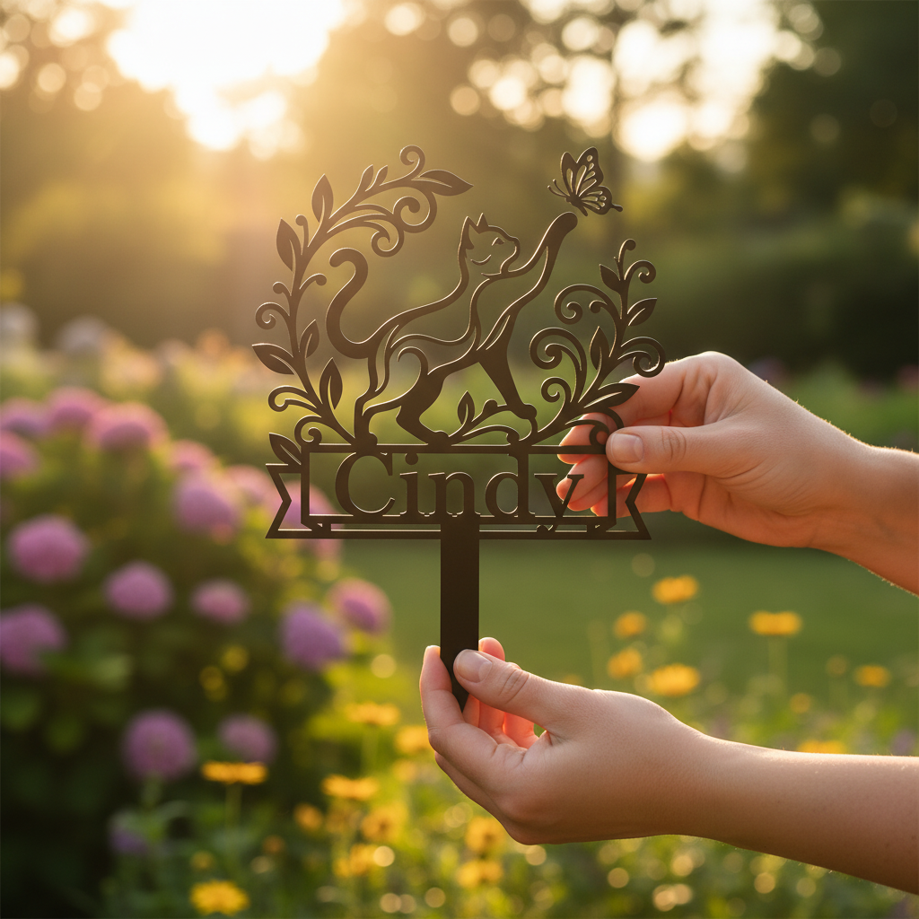 Personalisierter Katze mit Schmetterling Rankenrahmen Gartenstecker – Bild 7