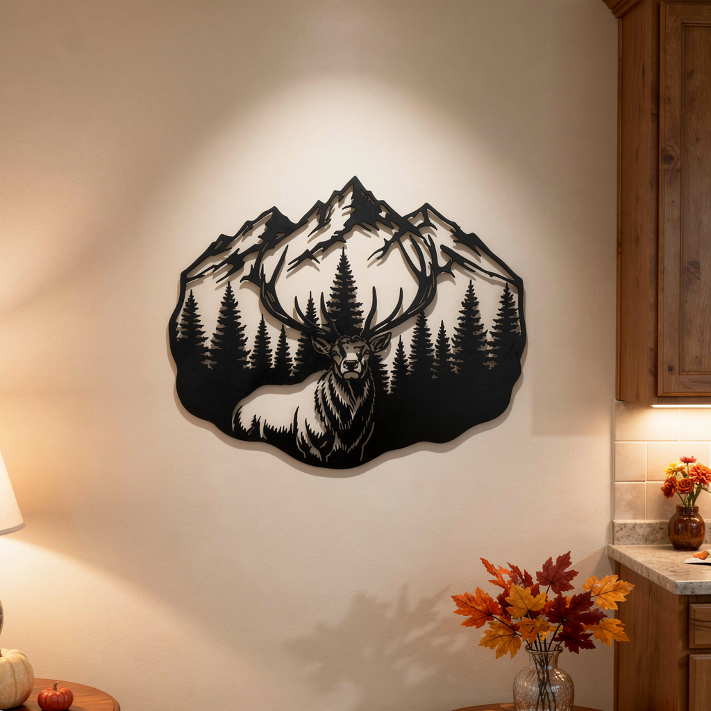 Deer metal sign with stag, mountains and fir trees in black steel – image 8