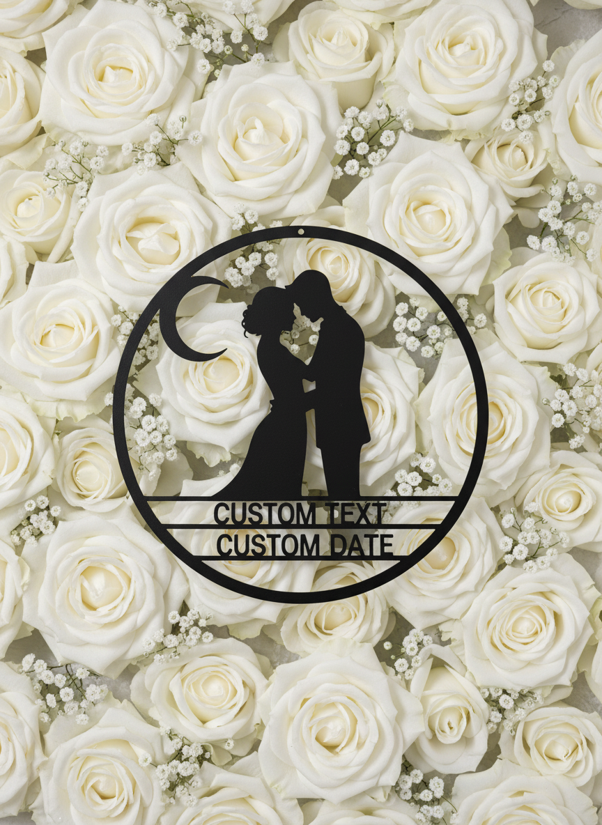 Personalized round metal sign with couple on crescent moon and stars – image 9